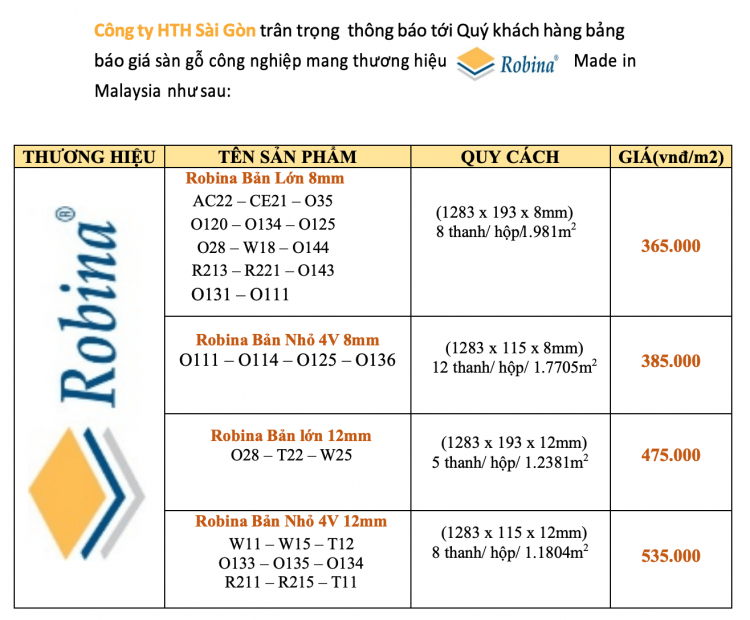 Giá sàn gỗ Robina nhập khẩu Malayaisa