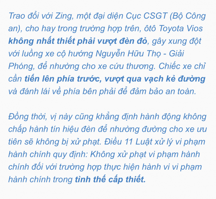 CSGT khẳng định ôtô nhường đường cho xe cứu thương dù vượt qua vạch kẻ đường trong pha đèn đỏ cũng không bị xử phạt?