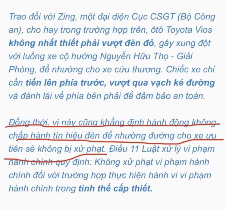 CSGT khẳng định ôtô nhường đường cho xe cứu thương dù vượt qua vạch kẻ đường trong pha đèn đỏ cũng không bị xử phạt?