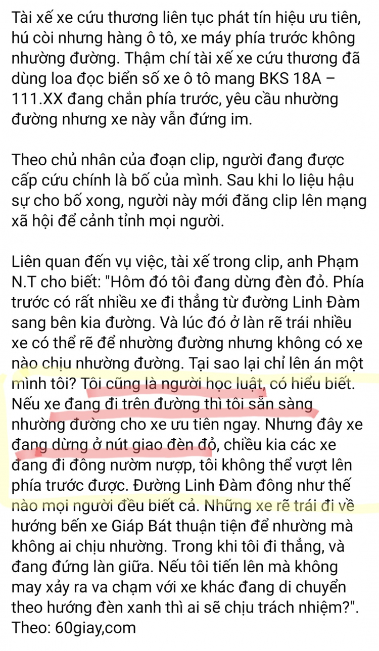 CSGT khẳng định ôtô nhường đường cho xe cứu thương dù vượt qua vạch kẻ đường trong pha đèn đỏ cũng không bị xử phạt?