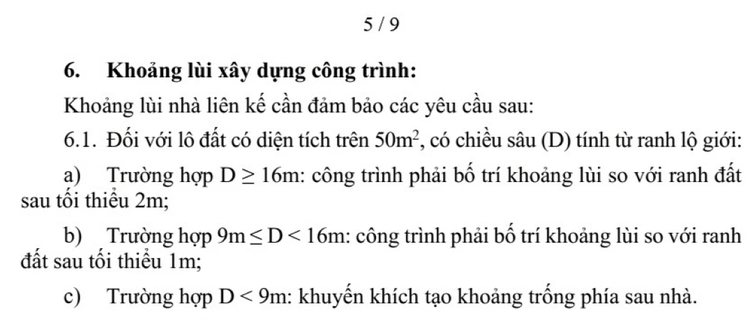 Hỏi về quy định khoảng lùi khi xây dựng