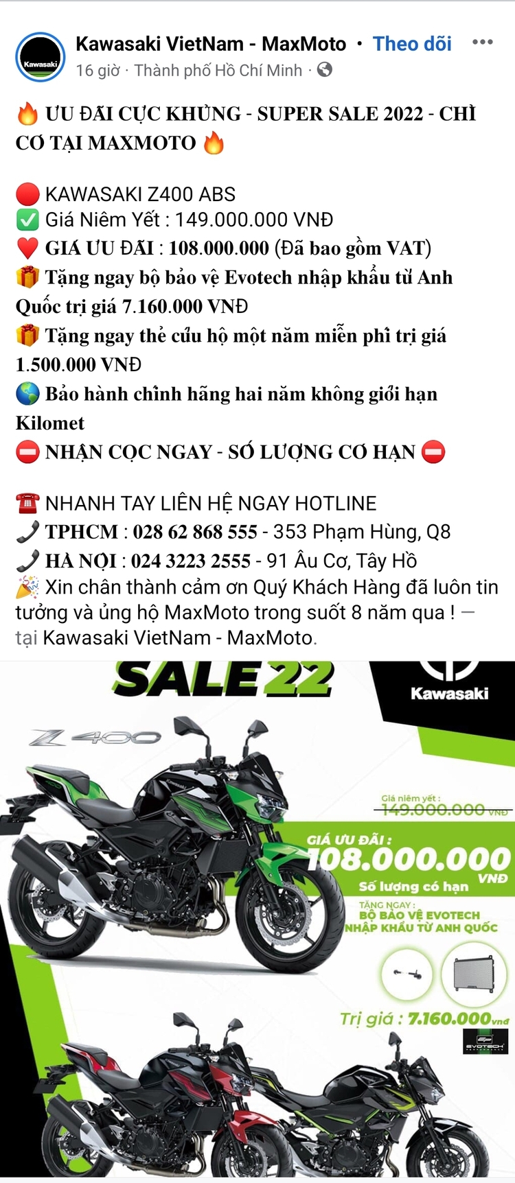 Kawasaki Z400 giá chỉ 108tr, mua ngay kẻo hết