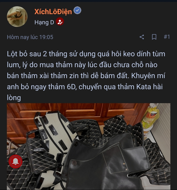 Thảm 5D-6D gớm quá, phải lột bỏ sau 2 tháng sử dụng Thảm 5D-6D gớm quá, phải lột bỏ sau 2 tháng sử dụng