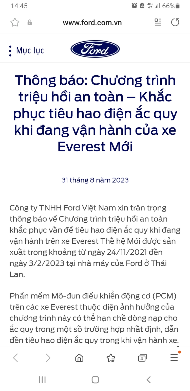 Sau Úc và Philippines, Ford triệu hồi Everest thế hệ mới tại VN vì lỗi phần mềm mô-đun điều khiển động cơ (PCM)