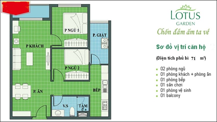 Bán căn hộ Lotus gần Đầm Sen 2PN,71m2,sổ hồng, để lại nội thất.2.45 tỷ