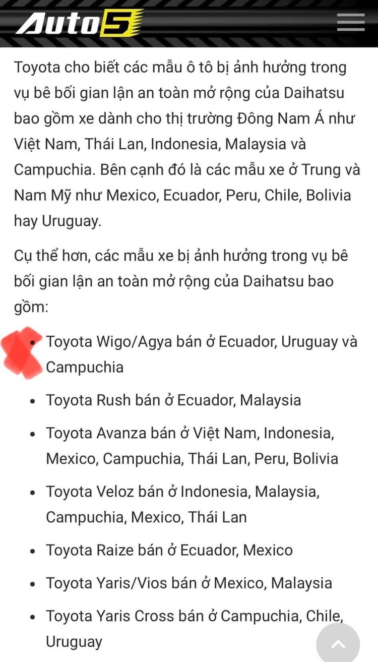 Toyota Việt Nam tạm dừng giao một số mẫu xe có liên quan đến Daihatsu