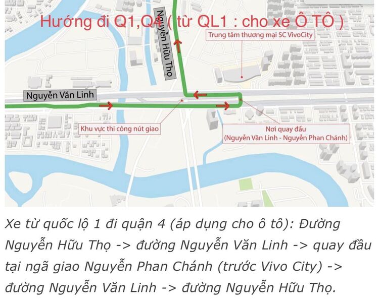 Lộ trình xe lưu thông thay thế khi đóng nút giao Nguyễn Văn Linh - Nguyễn Hữu Thọ từ ngày 7/2
