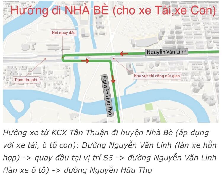 Lộ trình xe lưu thông thay thế khi đóng nút giao Nguyễn Văn Linh - Nguyễn Hữu Thọ từ ngày 7/2