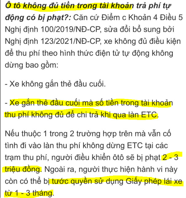 Lỗi tài khoản không đủ tiền khi vào làn ETC tại cao tốc Mỹ Thuận-Trung Lương