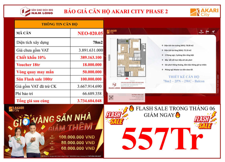 Mở bán giỏ hàng cuối 120 căn hộ Akari City Phase 2 mặt tiền đường Võ Văn Kiệt, Chiết khấu gần 600tr