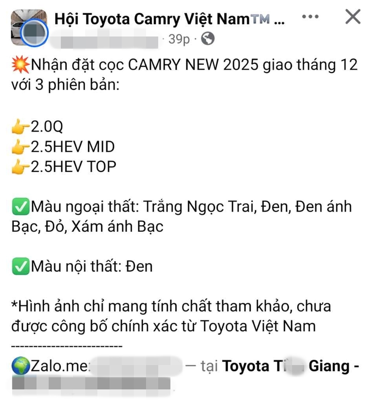 Đại lý bắt đầu nhận cọc Toyota Camry 2025 tại VN, dự kiến giao xe tháng 12/2024