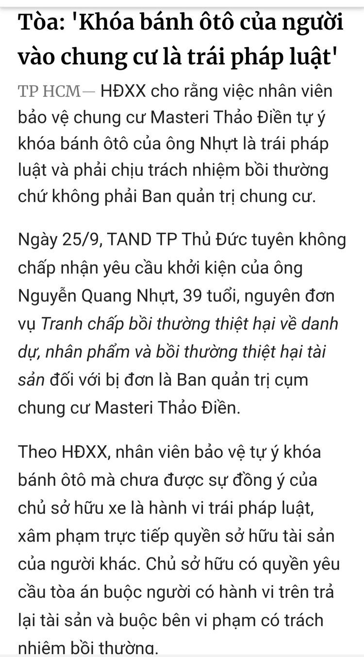 Vụ chủ xe bị khóa bánh ở Masteri Thảo Điền và đòi kiện BQL: Ai đúng ai sai? Vụ chủ xe bị khóa bánh ở Masteri Thảo Điền và đòi kiện BQL: Ai đúng ai sai?