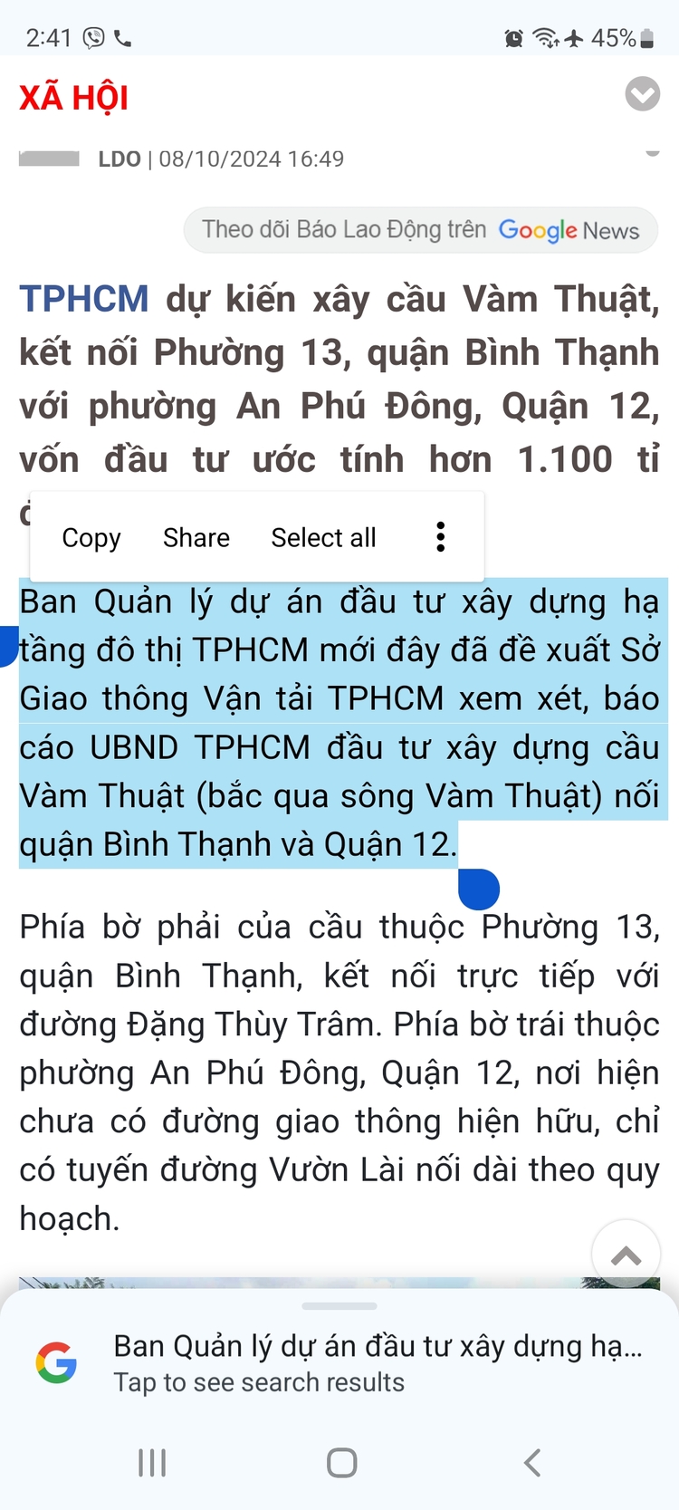 Cầu Vàm Thuật An Phú Đông Quận 12 bắc qua Phường 5 Gò Vấp đã thông xe 31/12/2020 đất An Phú Đông tăng nóng nhất Q.12