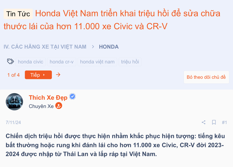 Honda Việt Nam triển khai triệu hồi để sửa chữa thước lái của hơn 11.000 xe Civic và CR-V