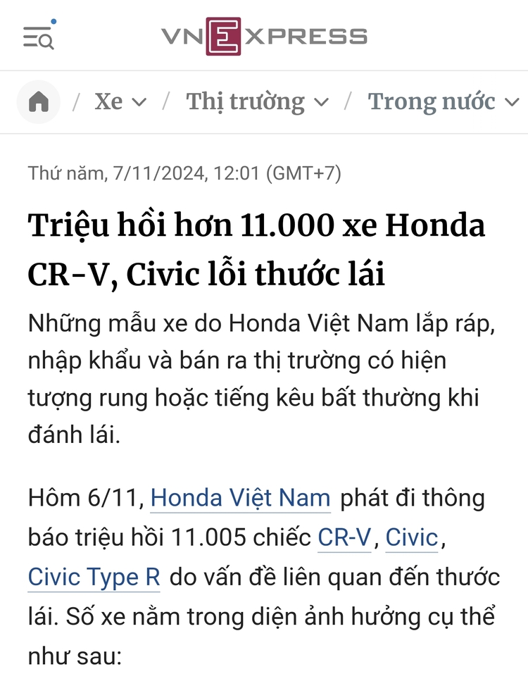 Honda VN triển khai chiến dịch triệu hồi để kiểm tra, thay thế bơm xăng cho gần 2.700 xe CR-V e:HEV RS