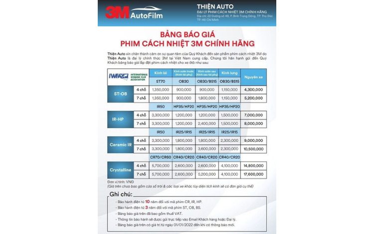 bảng giá dán phim cách nhiệt Toyota Cross tại Thiện Auto