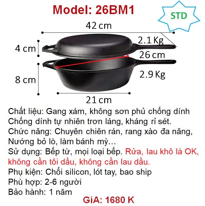 Chaogangviet_Chảo gang thô kháng rỉ sét, không cần lau dầu hay tôi dầu