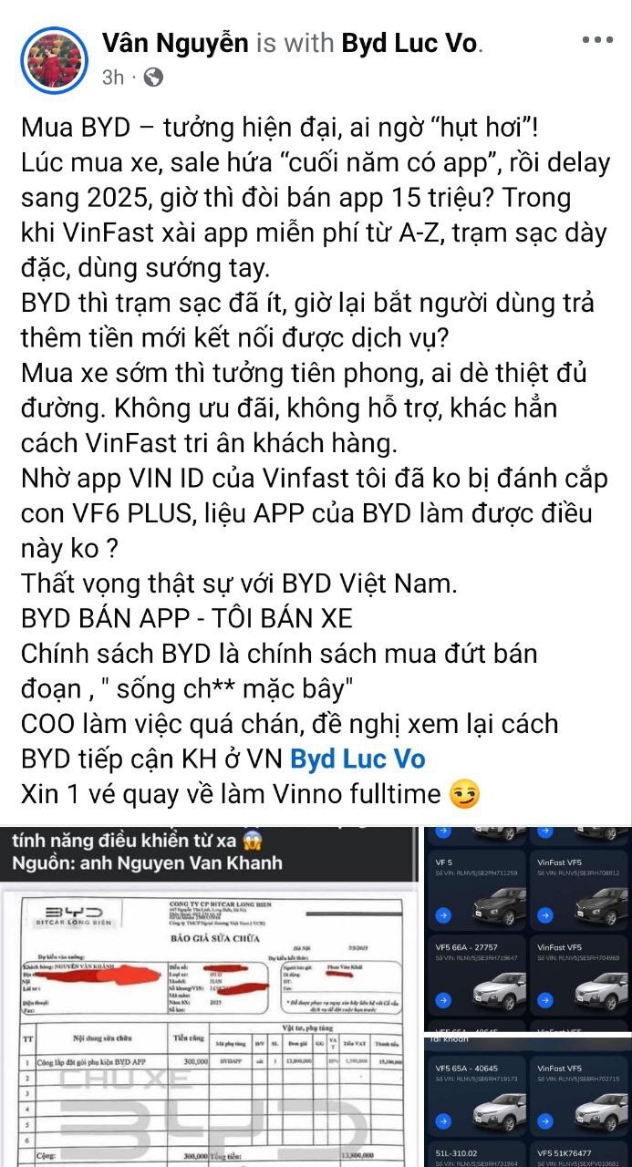 Chủ xe BYD bức xúc khi BYD VN thu phí ứng dụng BYD App hơn 15 triệu đồng