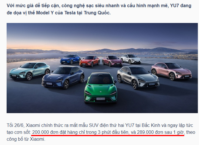 Xiaomi YU7 "cháy hàng" 200.000 xe chỉ sau 3 phút mở bán, SUV điện đang viết lại cuộc chơi tại Trung Quốc Xiaomi YU7 "cháy hàng" 200.000 xe chỉ sau 3 phút mở bán, SUV điện đang viết lại cuộc chơi tại Trung Quốc