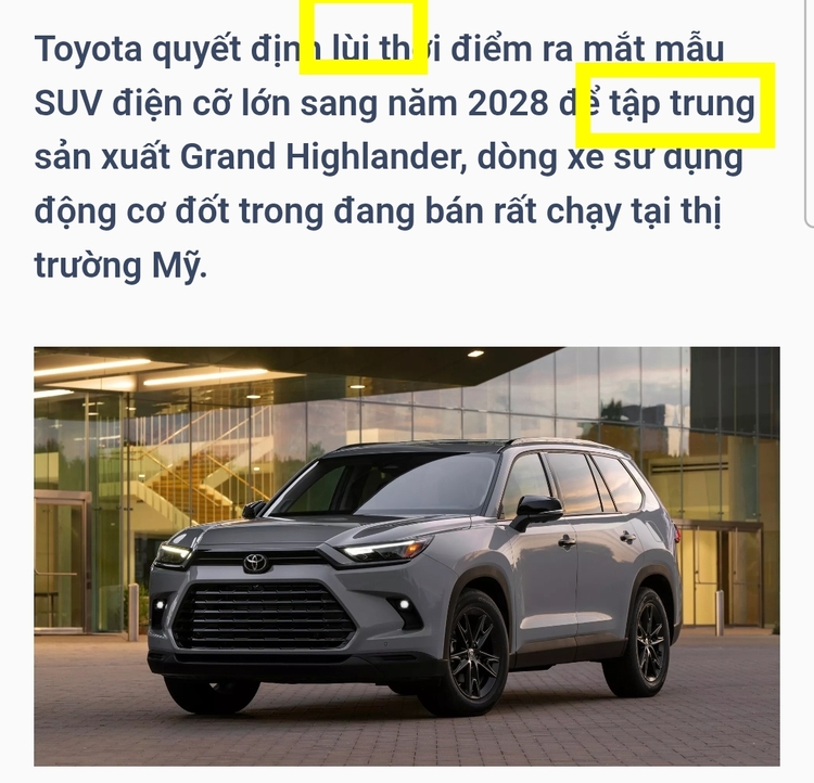 Toyota hoãn ra mắt SUV điện mới đến năm 2028, tập trung sản xuất Grand Highlander