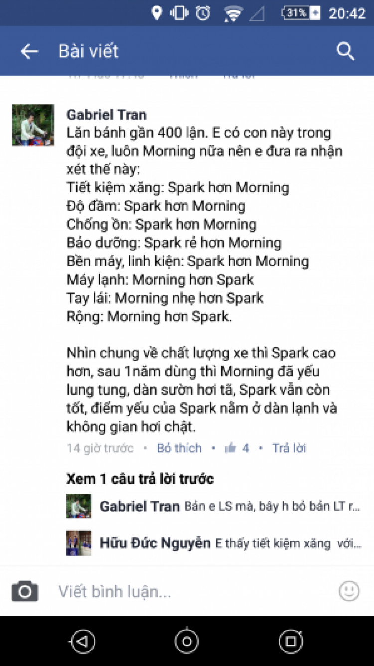 Kinh doanh uber garb nên chọn spark hay morning nhờ các bác tư vấn