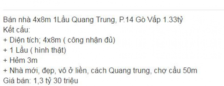 Cần tìm nhà khu vực Gò Vấp. Nhờ các bán tư vấn ạ