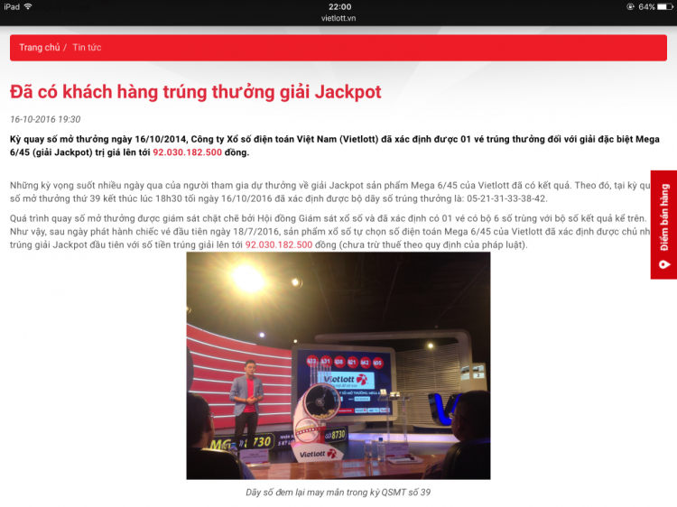 Giải Jackpot đã biết người trúng thưởng trước 10 tiếng