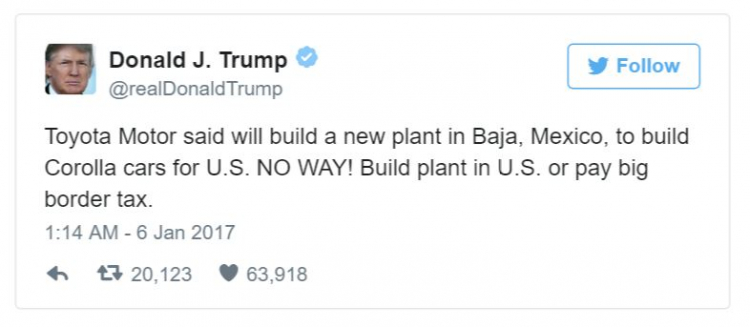 Donald Trump dằn mặt Toyota vì sản xuất xe ở Mexico