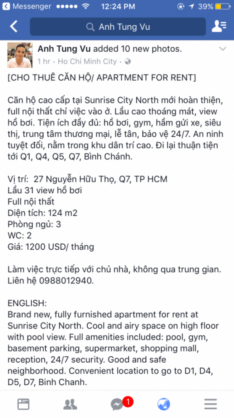 Giá cho thuê căn hộ Sunrise - South tầm bao nhiêu?