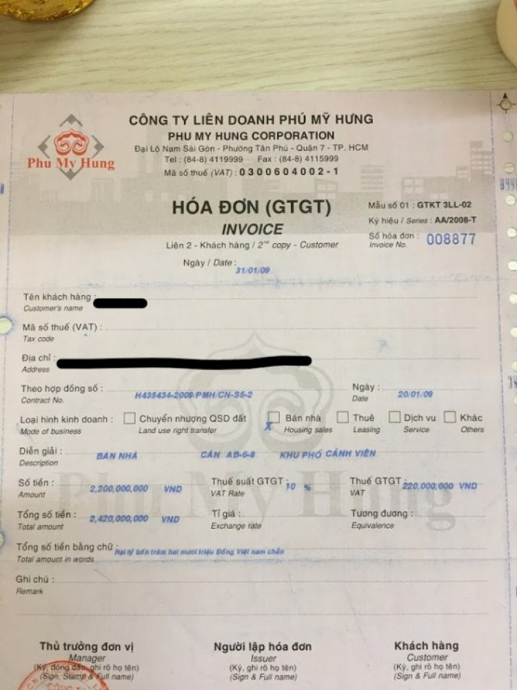 Hoá đơn VAT khi mua căn hộ Hoá đơn VAT khi mua căn hộ