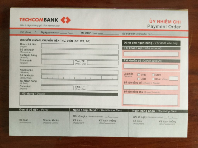 Xin mẫu Uỷ nhiệm chi NH Techcom Bank