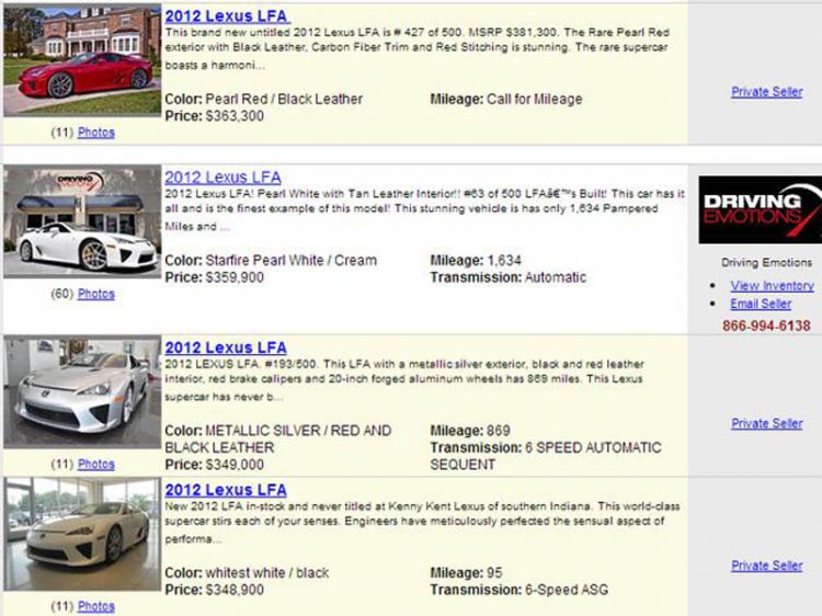 Siêu xe LFA của Lexus bị rao bán hàng loạt