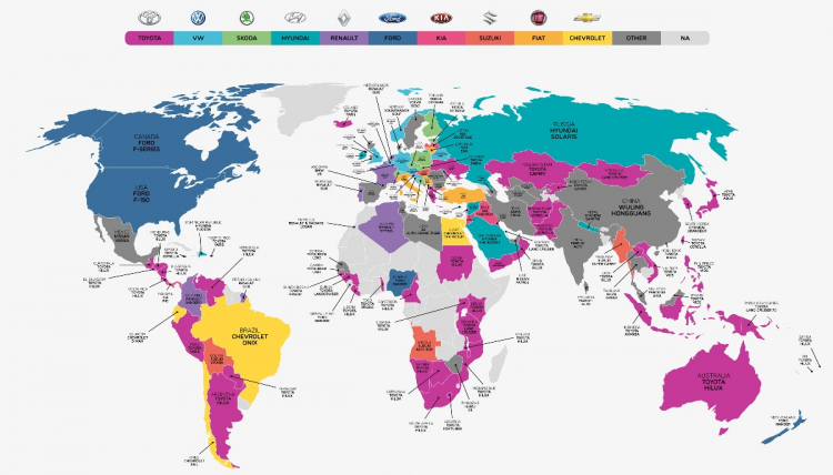 Bản đồ các dòng xe được ưa chuộng nhất trên thế giới