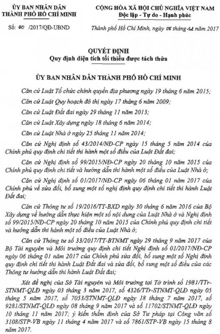 Quyết định 60/2017 thay thế QĐ 33/2014 về tách thửa tại TP.HCM chính thức thông qua 05/12/2017 có hiệu lực 01/01/2018