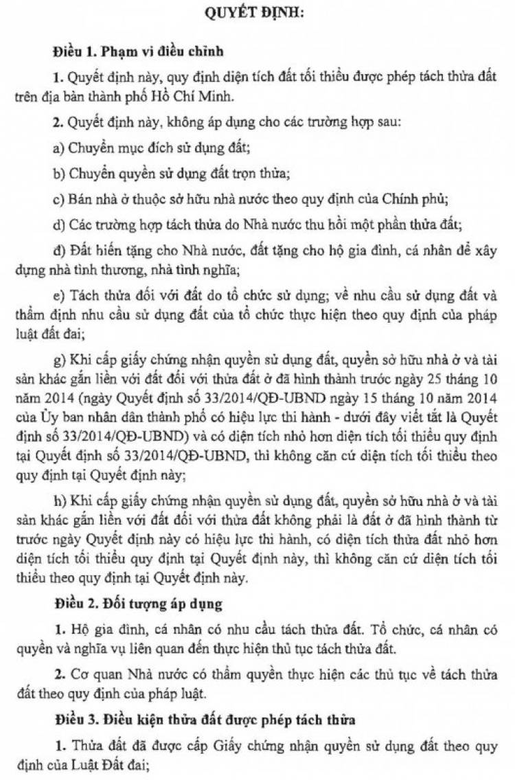 Quyết định 60/2017 thay thế QĐ 33/2014 về tách thửa tại TP.HCM chính thức thông qua 05/12/2017 có hiệu lực 01/01/2018