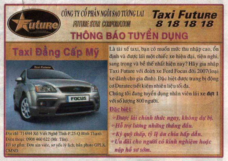 Taxi xịn tuyển người nè các bác...