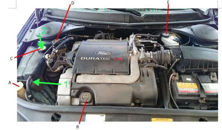 Các bác chỉ giúp em vị trí của các bộ phận trong khoang máy Mondeo Các bác chỉ giúp em vị trí của các bộ phận trong khoang máy Mondeo