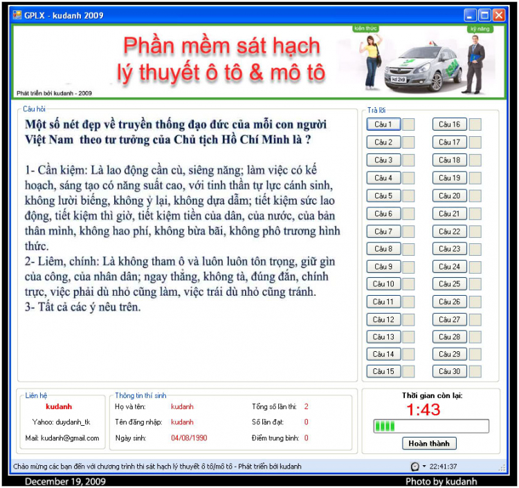 Phần mềm sát hạch lý thuyết ô tô - mô tô - GPLX kudanh 2009