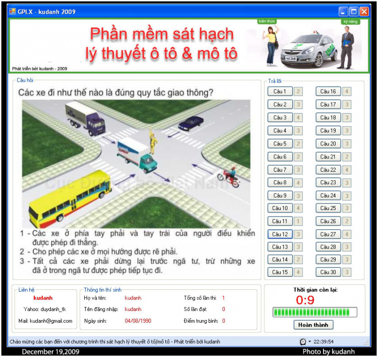 Phần mềm sát hạch lý thuyết ô tô - mô tô - GPLX kudanh 2009